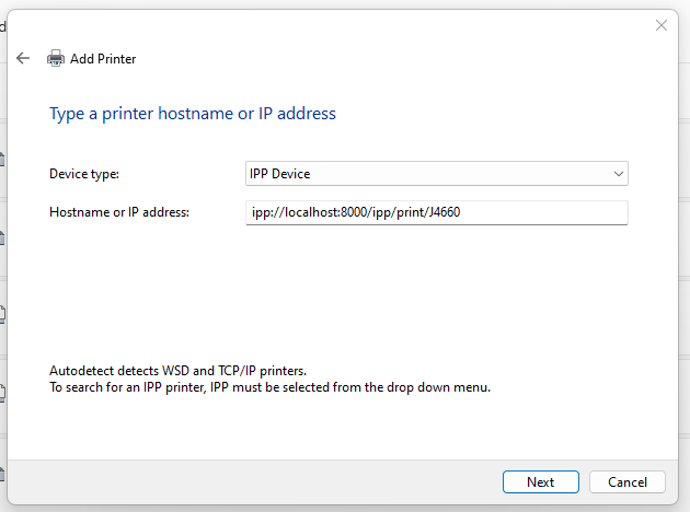 Creating Windows print queue to Printer Application running under WSL